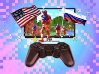 A photo illustration of a video game scene and soldiers.