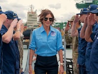 US Homeland Security Secretary Kristi Noem boards the US Coast Guard Cutter Escanaba for a meeting on drug interdiction on June 24, 2025 in Panama City. Noem is traveling to several Central American countries where she will meet with political leaders and learn about immigration programs and facilities backed by the US Department of Homeland Security in the region. (Photo by Anna Moneymaker / POOL / AFP) (Photo by ANNA MONEYMAKER/POOL/AFP via Getty Images)