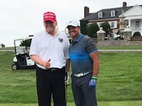 Donald Trump and Jay Feely photographed at Bedmister Golf Course in Bedminster, NJ in 2020.
