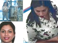 A photo collage of surveillance footage showing Reshma Massarone wiring money, along with her driver's license photo.