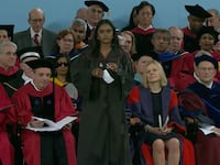 Shruthi Kumar giving a commencement address at Harvard