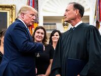 President Donald J. Trump greets Associate Justice of the Supreme Court Samuel Alito as he departs from a ceremony to swear in Secretary of Defense Mark Esper in the Oval Office at the White House on Tuesday, July 23, 2019 in Washington, DC.