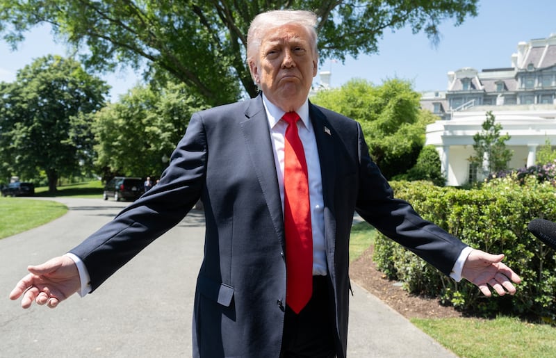 US President Donald Trump speaks with the media prior to departing from the South Lawn of the White House in Washington, DC, May 1, 2026. Trump is going to Florida to speak at an event at The Villages and to attend the Forum Club of the Palm Beaches dinner. (Photo by SAUL LOEB / AFP via Getty Images)