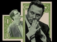illustration of Elon Musk and Dean Preston inside $1 bills on a black background.