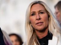 WASHINGTON, DC - NOVEMBER 18: Rep. Marjorie Taylor Greene, pictured, R-Ga, Rep. Ro Khanna, D-Calif., and Rep. Thomas Massie, R-Ky held a press conference outside the U.S. Capitol, on Tuesday, November 18, 2025, with victims of convicted sex offender Jeffrey Epstein as the House prepares to vote to release records related to him.