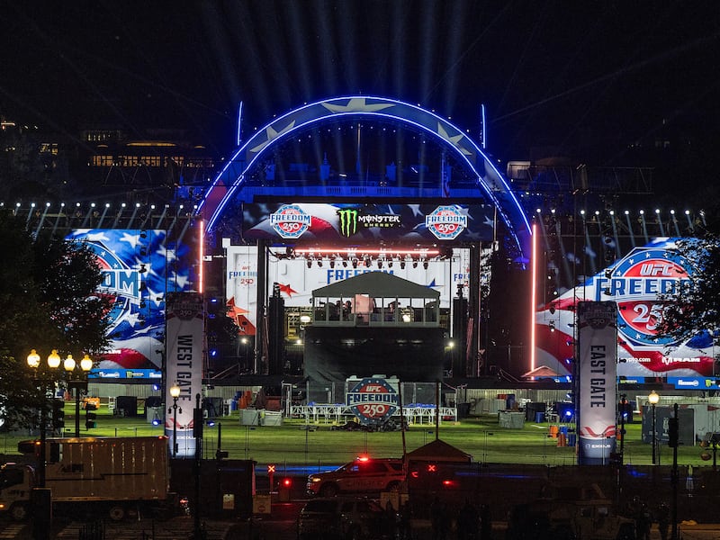 Stage lights are tested for the upcoming Ultimate Fighting Championship Freedom 250 event.