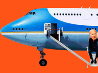 Photo illustration of Joe Biden in a stair elevator on Air Force One
