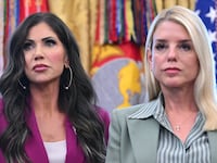 US Secretary of Homeland Security Kristi Noem (L) and US Attorney General Pam Bondi (R)