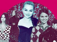 A photo illustration of Selena Gomez performing music, at an event and as Mabel in Only Murders in the Building.