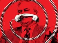 A photo illustration of James Comer with a phone and cord spiraling around him.