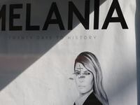 A view of a defaced bus stop advertisement for the new documentary film about First Lady Melania Trump at Exposition Park in Los Angeles