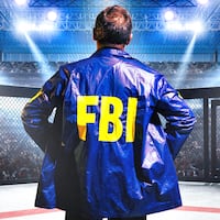 A photo illustration of an FBI agent standing in an MMA UFC fighting cage.