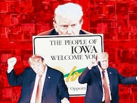 A photo illustration of former President Trump and the Iowa state sign and suburbs.