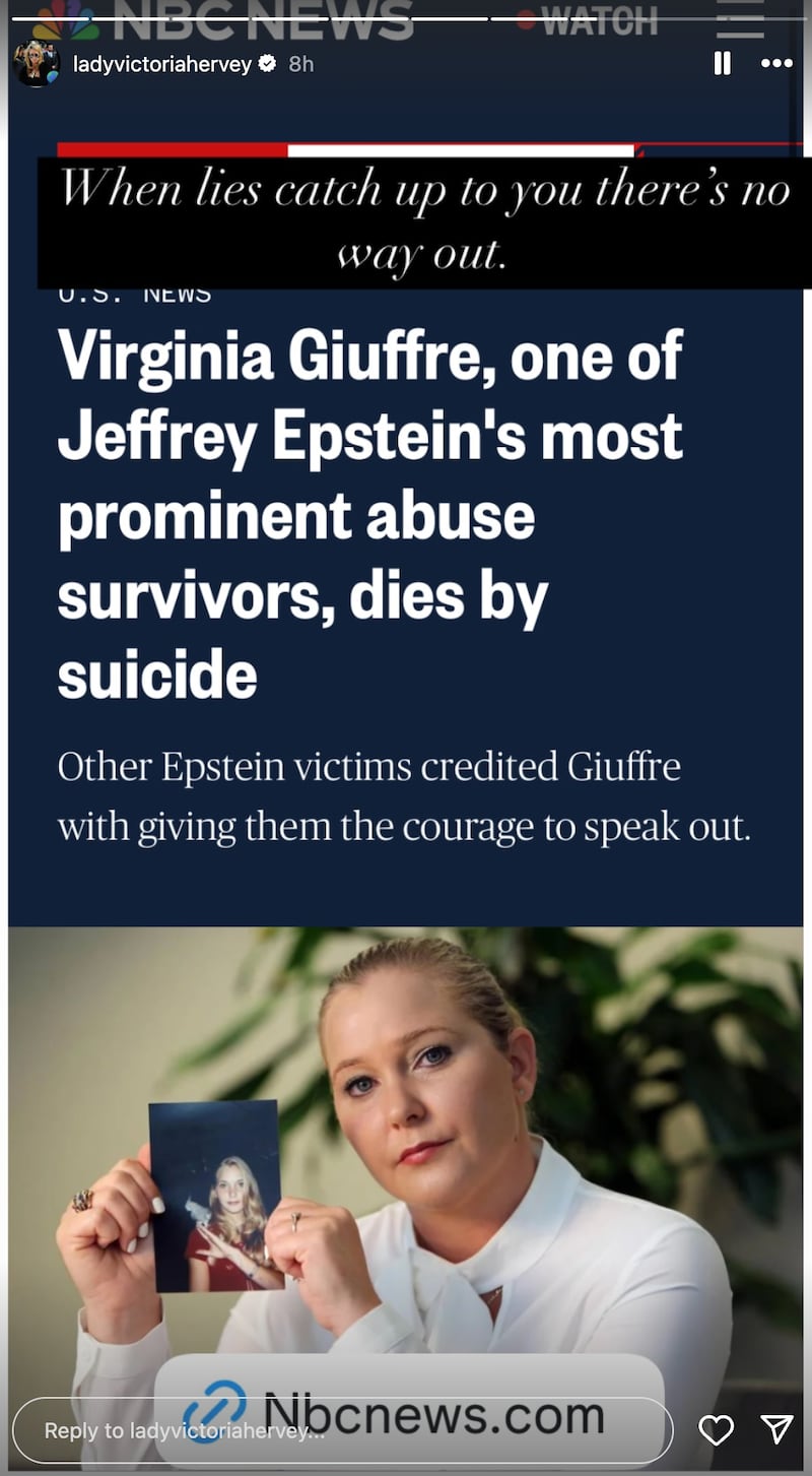 Lady Victoria Hervey gloated online at Giuffre's death
