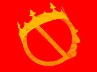 No circle with line through it in orange with a yellow crown on top and the silhouette of Donald Trump's face