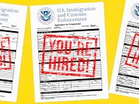 A photo illustration of ICE job applications with red You're Hired! stamps.