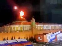 A still image taken from video shows a flying object exploding in an intense burst of light near the dome of the Kremlin Senate in Moscow, Russia, in this image taken from video obtained by Reuters May 3, 2023.