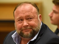 "Infowars founder Alex Jones prepares to testify during the Sandy Hook defamation damages trial at Connecticut Superior Court in Waterbury, Connecticut.