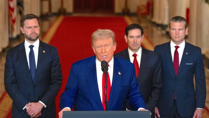 President Donald Trump delivers an address to the nation accompanied by U.S. Vice President JD Vance, U.S. Secretary of State Marco Rubio and U.S. Defense Secretary Pete Hegseth