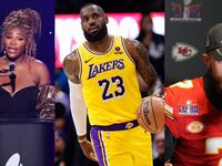 Serena Williams (left) speaks on stage, Los Angeles Lakers forward LeBron James (center) and Kansas City Chiefs kicker Harrison Butker (right) during a press conference before Super Bowl LVIII.