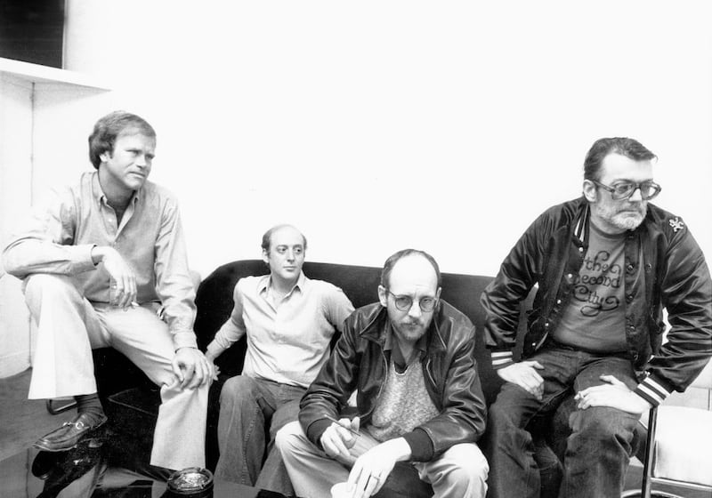 From left to right: Saturday Night Live producer Dick Ebersol, writers Bob Tischler and Michael O'Donoghue and improvisation expert Del Close.