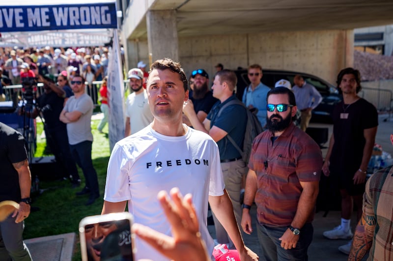 Charlie Kirk speaks at Utah Valley University on Sept. 10, 2025 in Orem, Utah. Kirk, founder of Turning Point USA, was speaking at his "American Comeback Tour" when he was shot in the neck and killed.