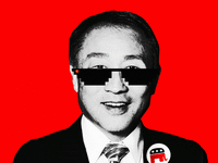 A gif of Solomon Yue with silly spy sunglasses on wearing an RNC pin.