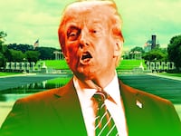 A photo illustration of Donald Trump and the Reflecting Pool in DC.