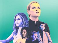 A photo illustration showing Jennifer Anniston. Reese Witherspoon, John Hamm, Greta Lee and Nicole Beharie in The Morning Show