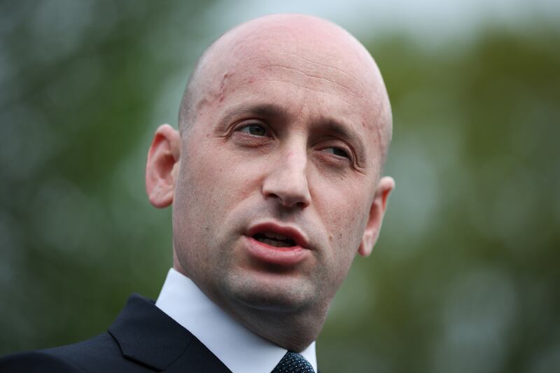 Stephen Miller speaks with reporters outside the West Wing of the White House on April 14, 2025 in Washington, DC.