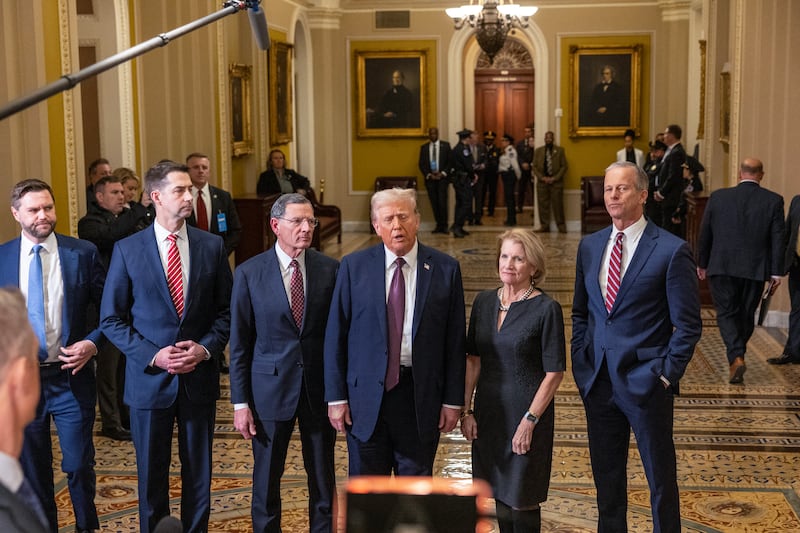 Donald Trump flanked by, from left to right, Vice President-elect JD Vance and Sens. Tom Cotton (R-AR), John Barrasso (R-WY), Shelley Moore Capito (R-WV) and Senate Majority Leader John Thune (R-SD).