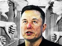 Elon Musk surrounded by thumbs down in a court room.