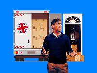 A photo illustration of Prime Minister of the United Kingdom Rishi Sunak, a moving truck and the door of 10 Downing Street.