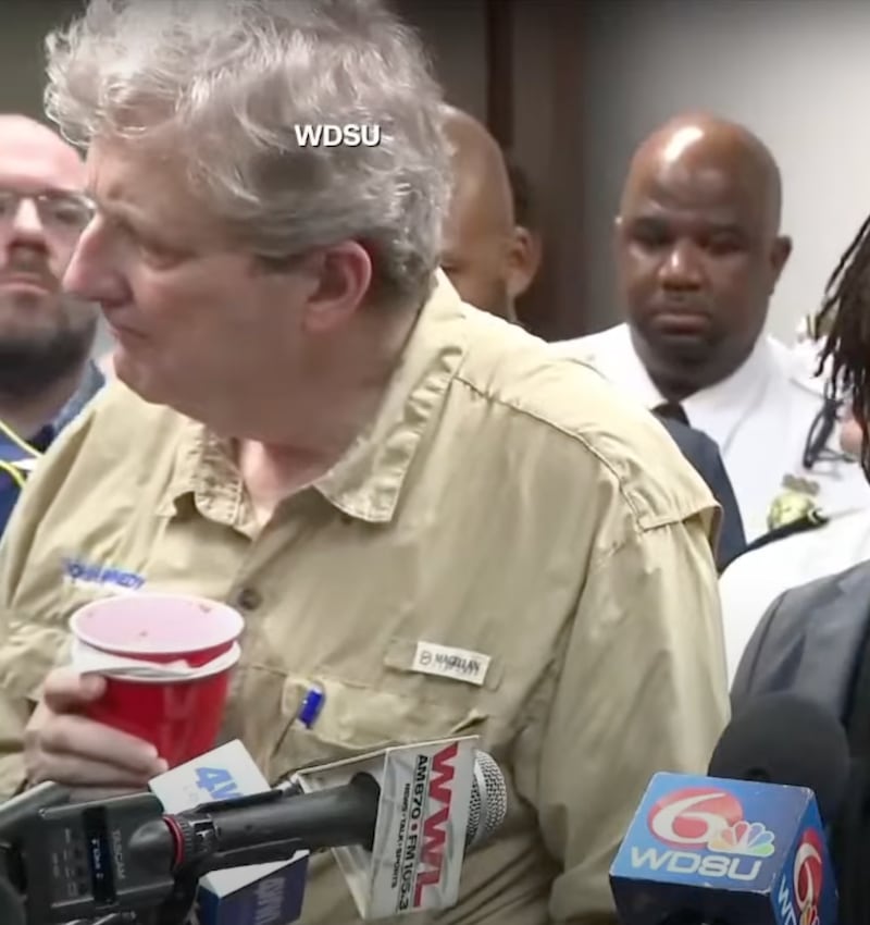 Sen. John Kennedy sips from a red solo cup during Wednesday’s press conference.