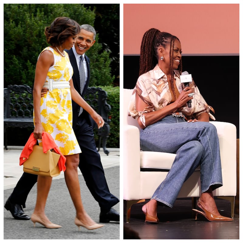 Law Roach said he calls kitten heels “the Michelle Obamas” after the former first lady. Pictured here with Barack Obama in August 2013, and on stage in August 2025.