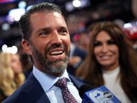 MILWAUKEE, WISCONSIN - JULY 15: Donald Trump Jr., son of former U.S. President Donald Trump speaks to the media on the first day of the Republican National Convention at the Fiserv Forum on July 15, 2024 in Milwaukee, Wisconsin. Delegates, politicians, and the Republican faithful are in Milwaukee for the annual convention, concluding with former President Donald Trump accepting his party's presidential nomination. The RNC takes place from July 15-18. (Photo by Andrew Harnik/Getty Images)