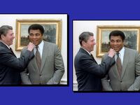 Ronald Reagan delivering a mock punch to Muhammad Ali's jaw