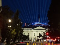 Lights shine from the Ultimate Fighting Championship ring during a test in preparation for the UFC Freedom 250 match on June 11, 2026 in Washington, DC.
