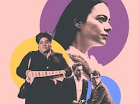 A photo illustration of Emma Thompson, Da’Vine Joy Randolph and Jonathan Bailey and Matt Bomer