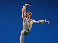 Ballet dancer Vladimir Shklyarov from the Mariinsky Ballet performs during a dress rehearsal of 'Tchaikovsky Pas de Deux' at the Saddlers Wells theatre in London, on October 15, 2008. AFP PHOTO/CARL DE SOUZA (Photo credit should read CARL DE SOUZA/AFP via Getty Images)