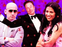 A photo illustration of Stephen Miller, Elon Musk, and Katie Miller with flower petals and hearts floating around them.