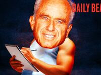 A photo illustration of RFK Jr. writing on an notepad.