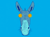 Illustrative gif of a blue donkey with gold coins rotating on the eyes on a blue background.