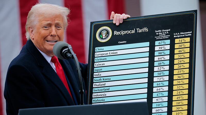 President Donald Trump holds up a chart of "reciprocal tariffs" while speaking during a “Make America Wealthy Again” trade announcement event in the Rose Garden.