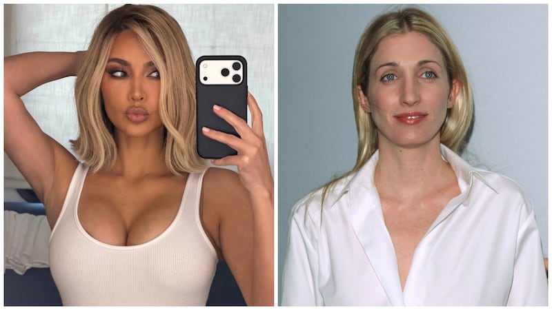 Kim Kardashian in 2026 and Carolyn Bassette Kennedy in 1999.