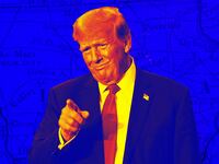 A photo illustration of former President Donald Trump and a map of Iowa.