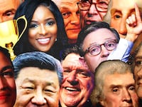 Vladimir Putin, Alexandria Ocasio Cortez, Xi Jinping, Jasmine Crockett, Viktor Orban, JB Pritzker, Chuck Schumer, Mike Johnson, George Washington, Alexander Hamilton, and Thomas Jefferson collaged with a "loser" hand symbol and a golden trophy