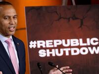 WASHINGTON, DC - SEPTEMBER 12: House Minority Leader Hakeem Jeffries (D-NY) holds his weekly news conference at the U.S. Capitol Visitors Center on September 12, 2024 in Washington, DC. Facing a divided majority in the House of Representatives, Speaker of the House Mike Johnson (R-LA) has not been able to get his party to agree on legislation that would avoid a partial federal government shutdown in 19 days. (Photo by Chip Somodevilla/Getty Images)