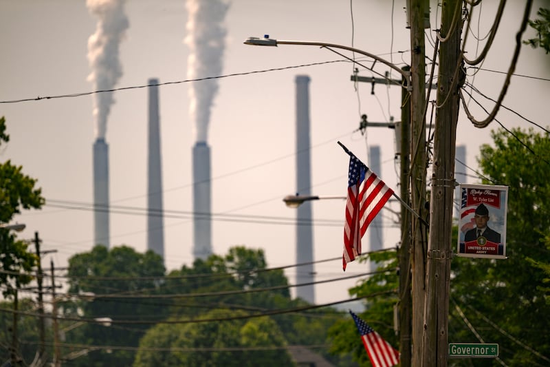 RIPLEY, OHIO - JUNE 12: Stacks from the Hugh L. Spurlock Generating Station in Maysville, Kentucky are seen on June 12, 2025 from Ripley, Ohio. The station is a 1.3-gigawatt coal power plant owned and operated by the East Kentucky Power Cooperative (EKPC) The Trump administration announced plans to repeal limits on greenhouse gas emissions and other airborne pollutants from the nation's fossil fuel-fired power plants. (Photo by Jeff Swensen/Getty Images)