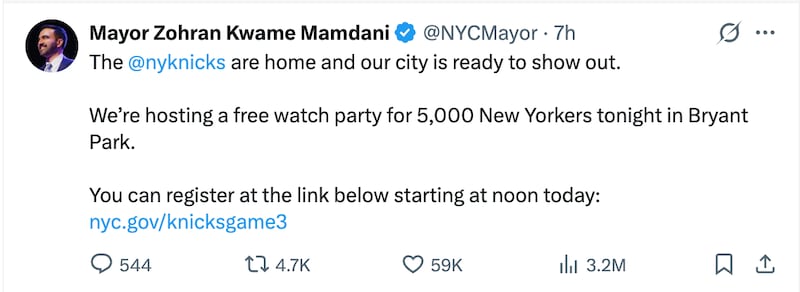 Mayor Zohran Mamdani announces Bryant Park watch party for Knicks fans.
